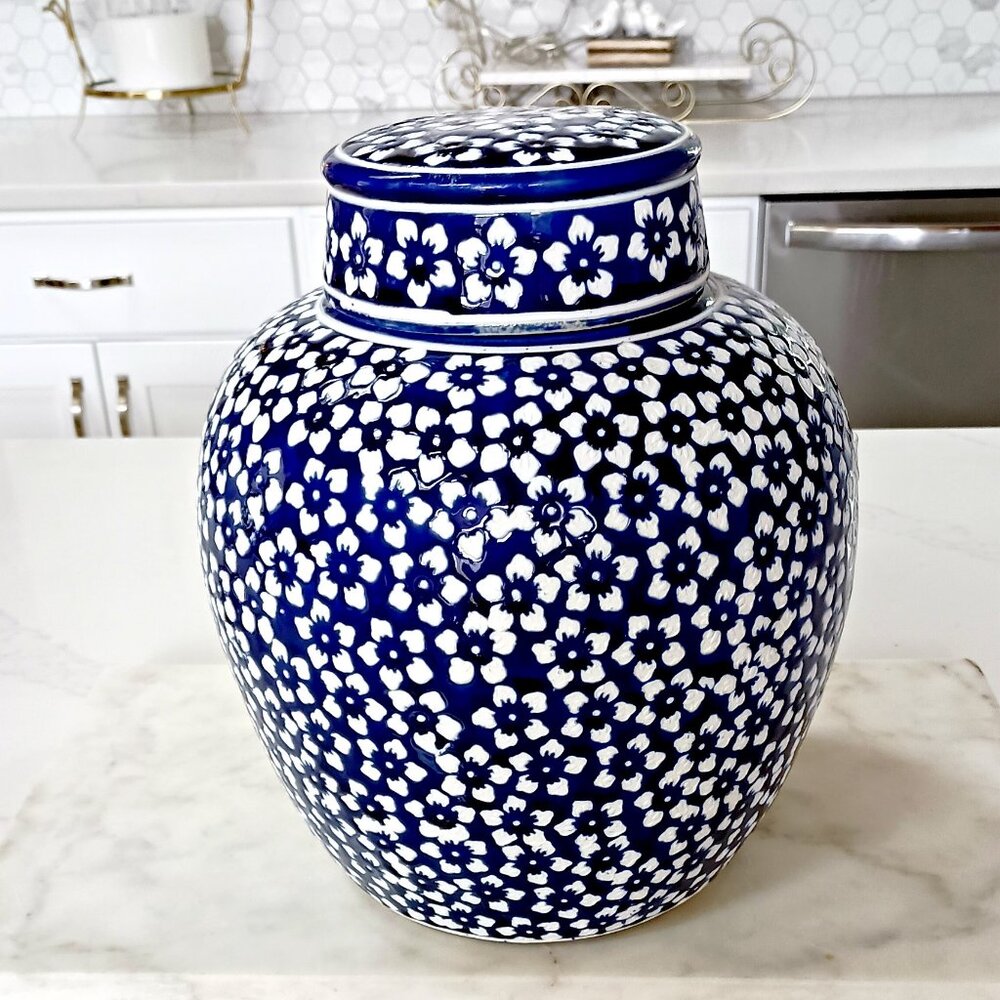 NEW! BEAUTIFUL BLUE & WHITE FLORAL COVERED JAR